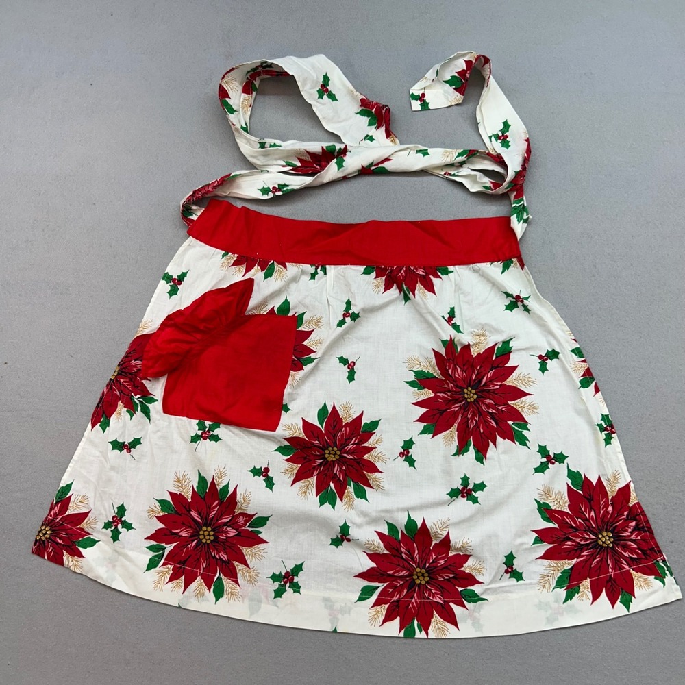 Vintage Christmas Poinsettia Half Apron Red White Floral Holly Holiday Baking